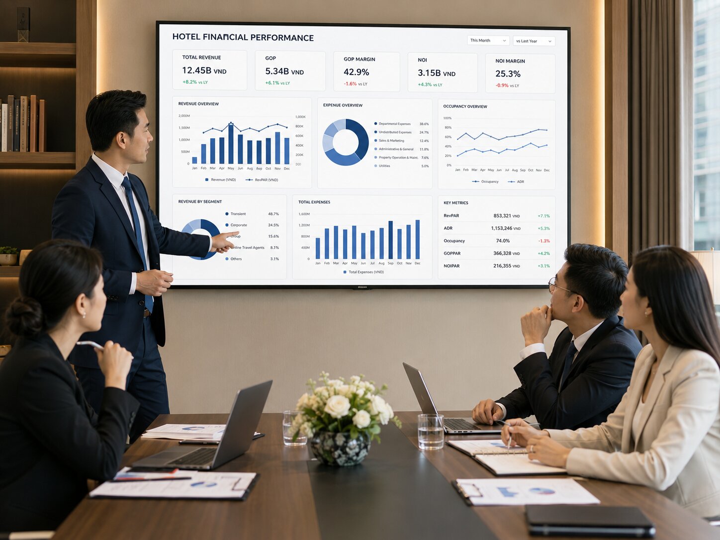 Tư vấn hệ thống tài chính khách sạn: Nền tảng kiểm soát dòng tiền và tăng trưởng bền vững 2 Đội ngũ quản lý khách sạn theo dõi các chỉ số doanh thu, lợi nhuận và chi phí để đưa ra quyết định chính xác