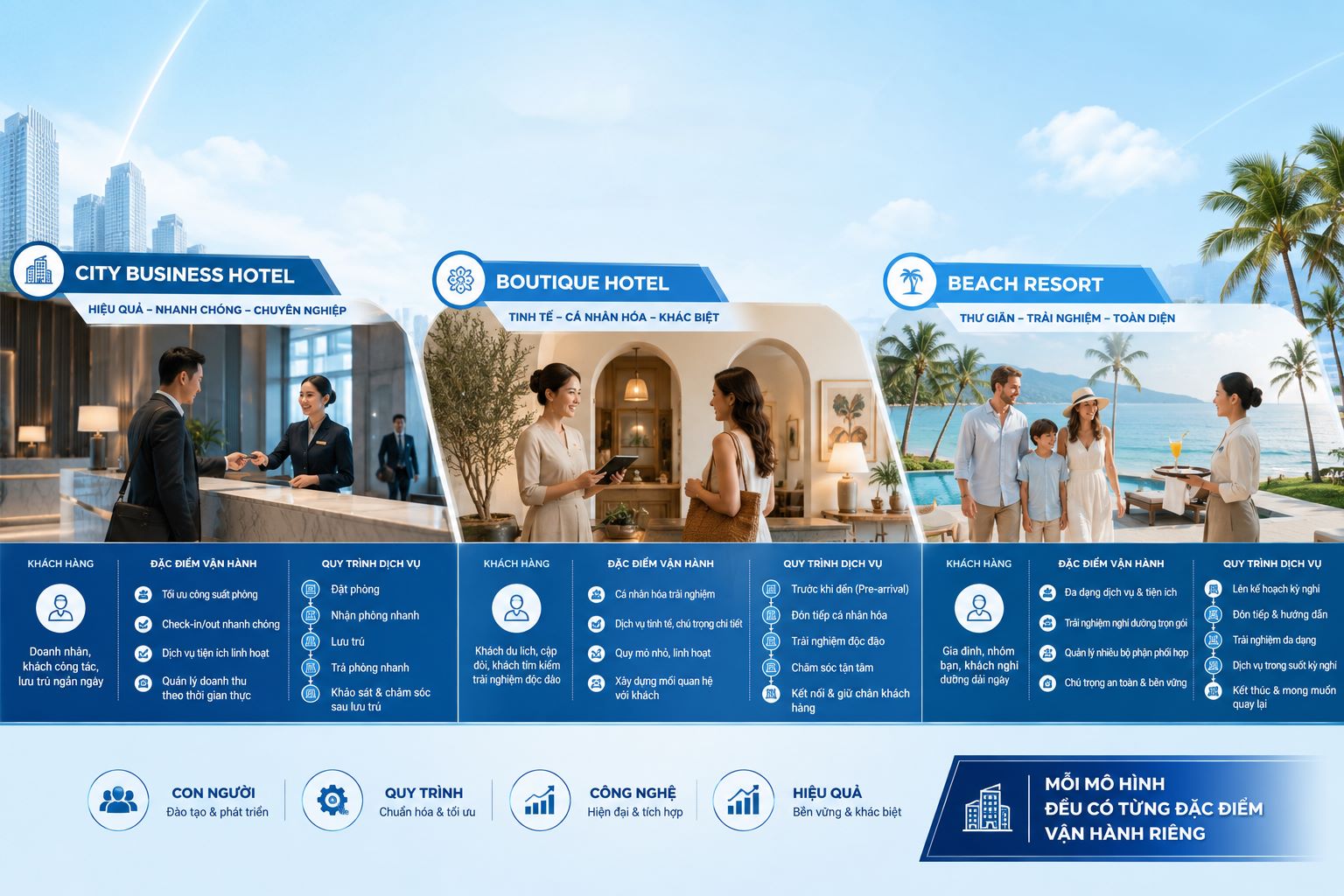Kans Hospitality Cung Cấp Dịch Vụ Vận Hành Khách Sạn/Resort Chuyên Nghiệp Nhất 2026 3 Mỗi mô hình đều có từng đặc điểm vận hành riêng