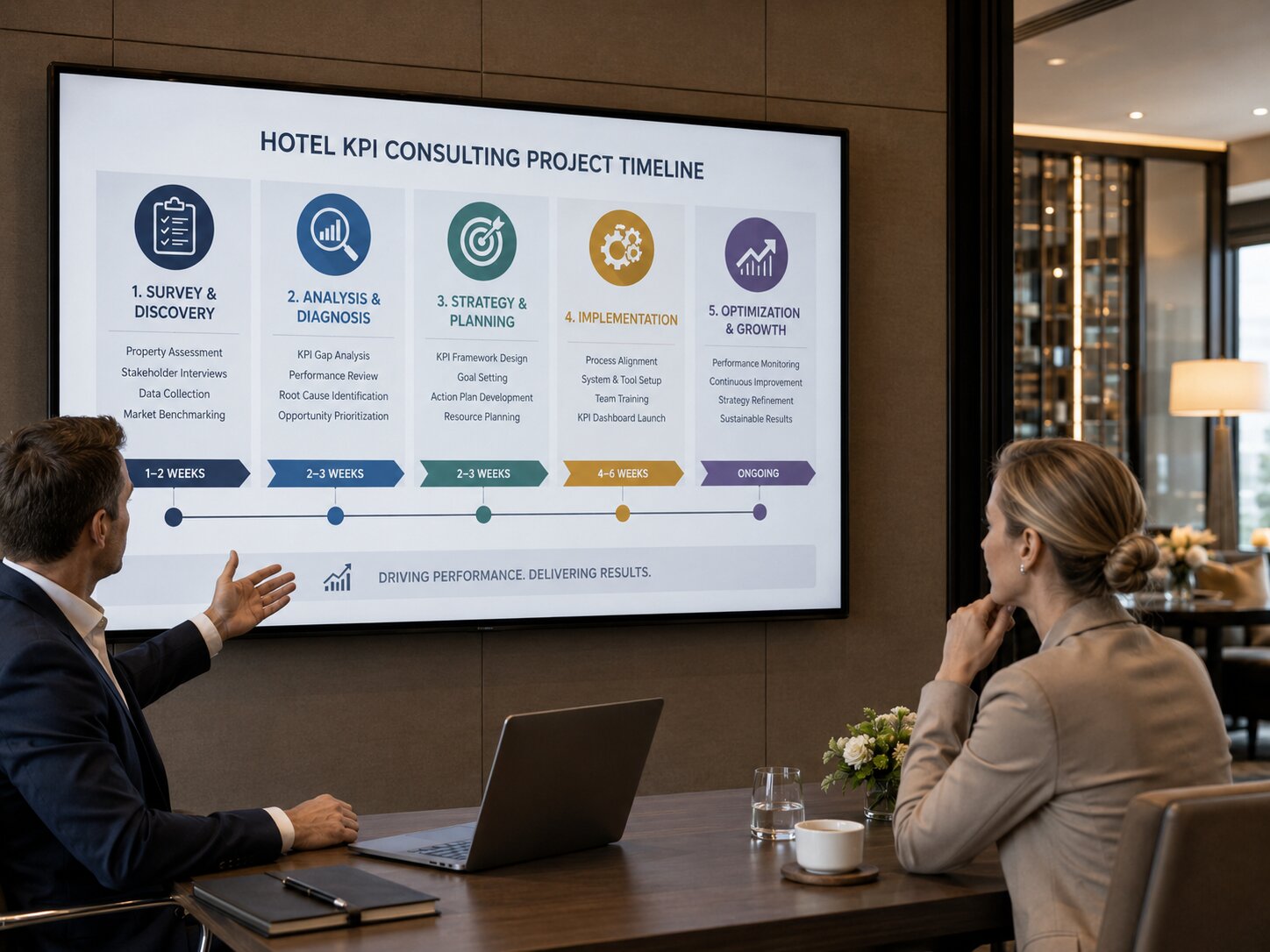 Tư vấn hệ thống KPIs khách sạn: Giải pháp quản trị doanh thu, nhân sự và vận hành hiệu quả 3 Timeline triển khai tư vấn KPIs khách sạn theo từng giai đoạn từ khảo sát đến hiệu chỉnh sau áp dụng