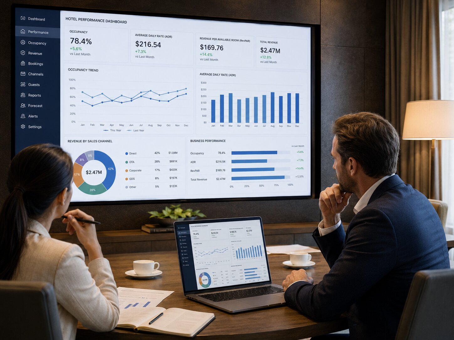 Tư vấn hệ thống KPIs khách sạn: Giải pháp quản trị doanh thu, nhân sự và vận hành hiệu quả 4 Dashboard báo cáo công suất phòng, giá bán trung bình, doanh thu theo kênh và hiệu quả kinh doanh khách sạn