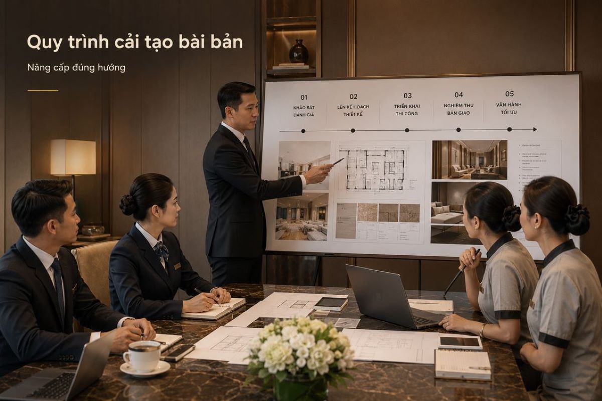 Trải Nghiệm Dịch Vụ Tư Vấn Renovate Khách Sạn Chuẩn Từ Kans Hospitality 2 Quy trình cải tạo bài bản giúp khách sạn nâng cấp đúng hướng