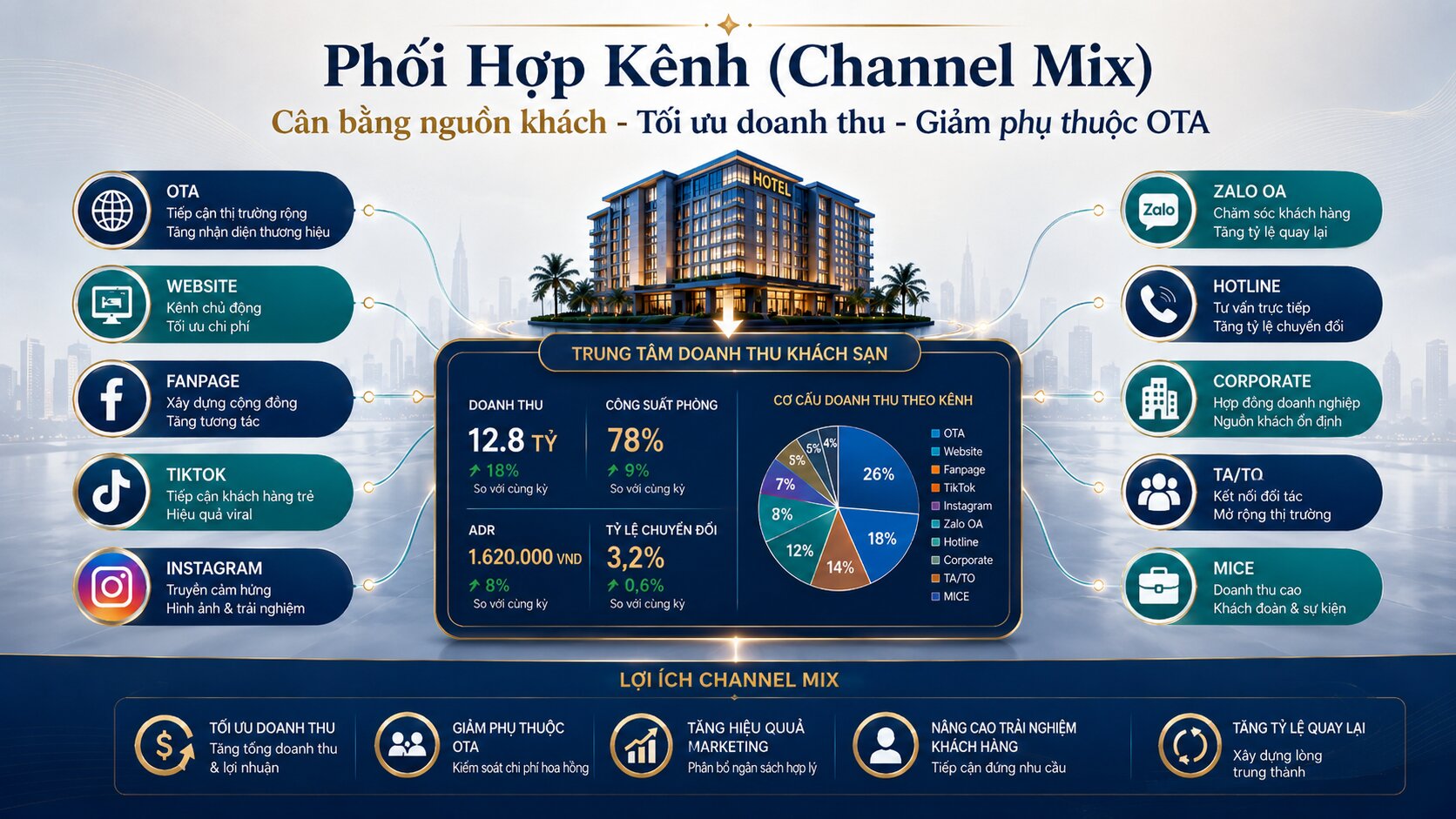 Tư vấn các kênh bán hàng ngành khách sạn hiệu quả: Xây dựng hệ thống phân phối tối ưu doanh thu 6 Channel Mix cân bằng nguồn khách, tối ưu công suất phòng và giảm phụ thuộc vào OTA