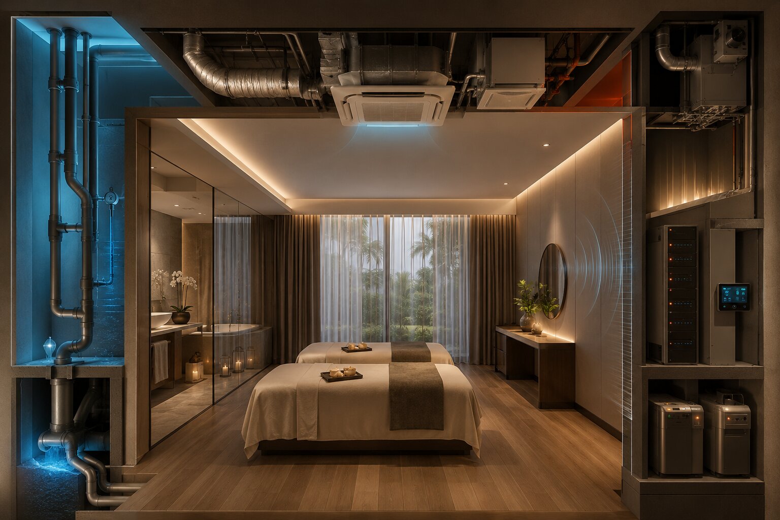 Các hạng mục Setup Spa khách sạn - Resort chuyên nghiệp: Quy trình từ ý tưởng đến vận hành hiệu quả 3 Hạ tầng kỹ thuật spa đồng bộ giúp vận hành ổn định, an toàn và nâng cao trải nghiệm khách hàng
